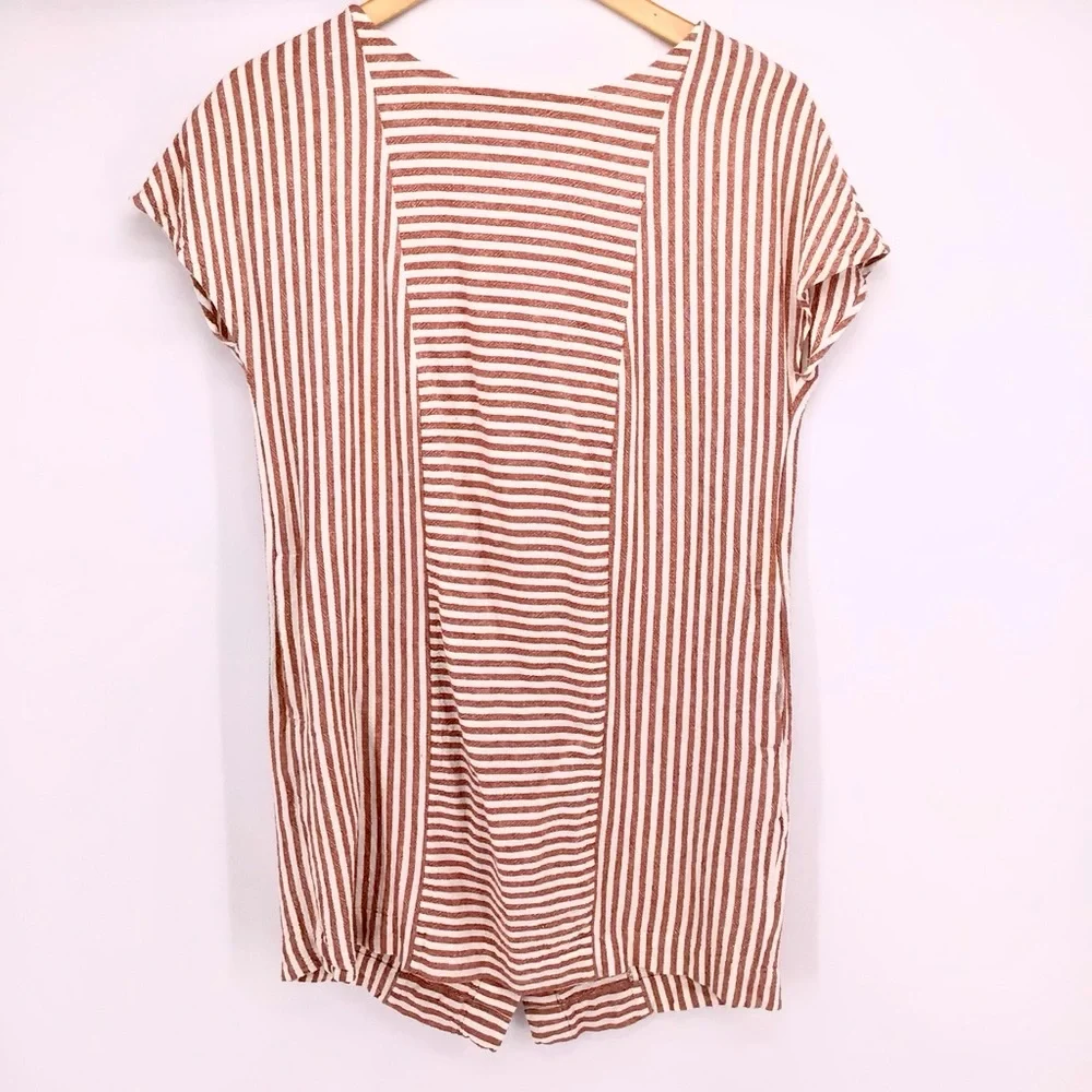 Madewell G5305 Rust White Stripe Play Button Back Linen Blend Dress Size Small - Picture 3 of 15